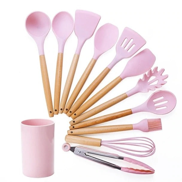 12 Pcs Bamboo Wooden Handles Silicone Kitchen Utensils-Pink_0