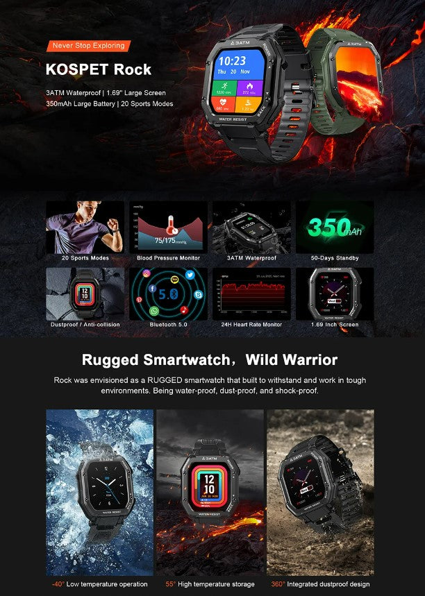 ROCK Rugged Smart Watch For Men Outdoor Sports - Black_1